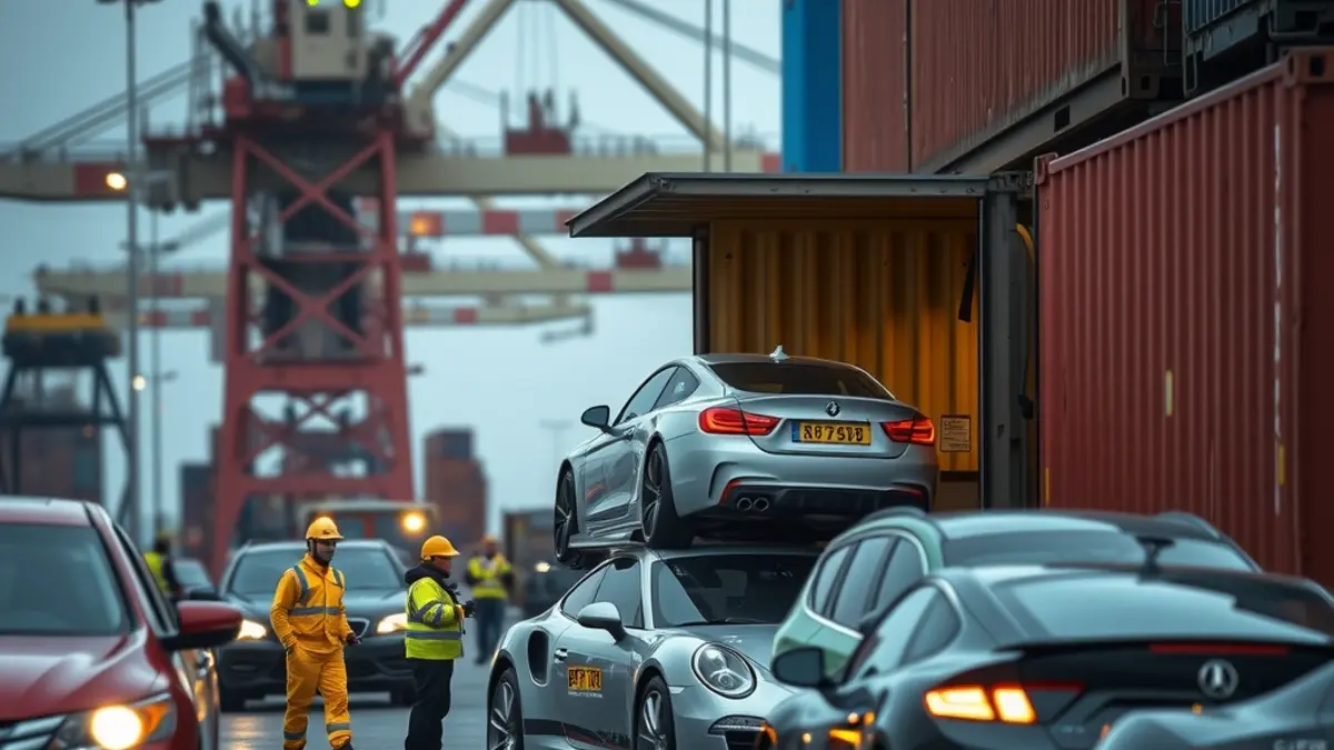 Vehicles being loaded into a shipping container at port